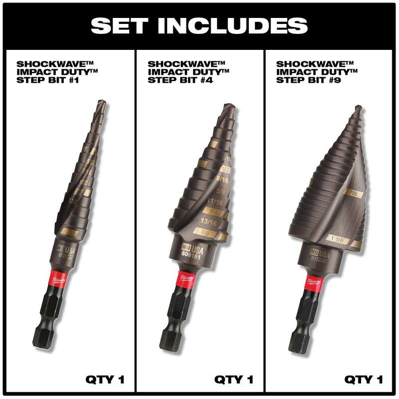 Kit de brocas escalonadas de titanio Milwaukee SHOCKWAVE Impact Duty (3 piezas) con adaptador de taladro de ángulo recto - 48-89-9257-48-32-2390