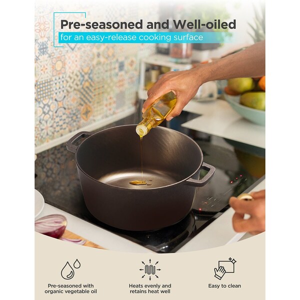 Black & Decker 5-Quart Cast Iron Dutch Oven with 10.25-Inch Skillet Lid, Pre-Seasoned Cast Iron Cookware - BDK202BR