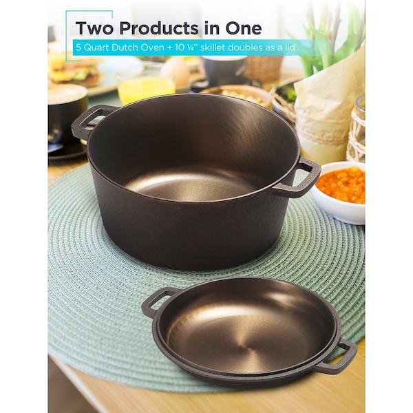 Black & Decker 5-Quart Cast Iron Dutch Oven with 10.25-Inch Skillet Lid, Pre-Seasoned Cast Iron Cookware - BDK202BR
