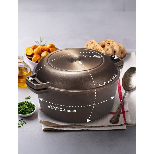 Black & Decker 5-Quart Cast Iron Dutch Oven with 10.25-Inch Skillet Lid, Pre-Seasoned Cast Iron Cookware - BDK202BR