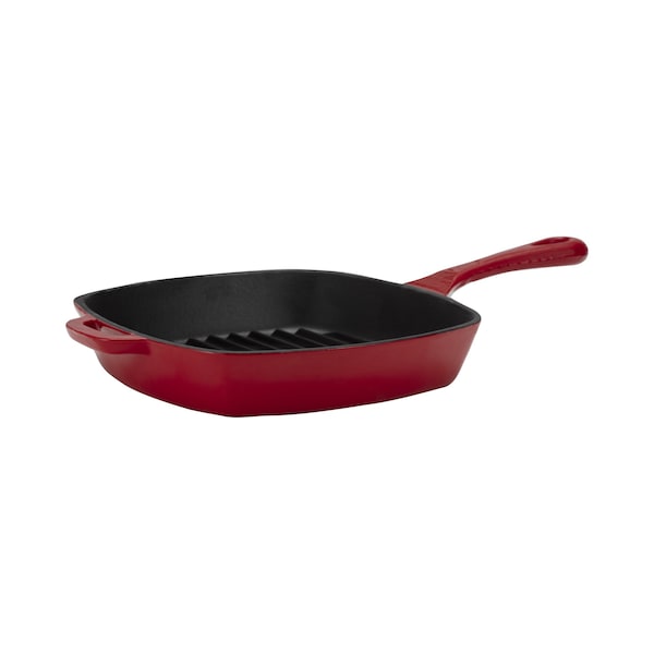 Bon Chef Cast Iron Grill Pan With Red Enamel Coating Outside & Mat Black Enamel Coating Inside - 5113
