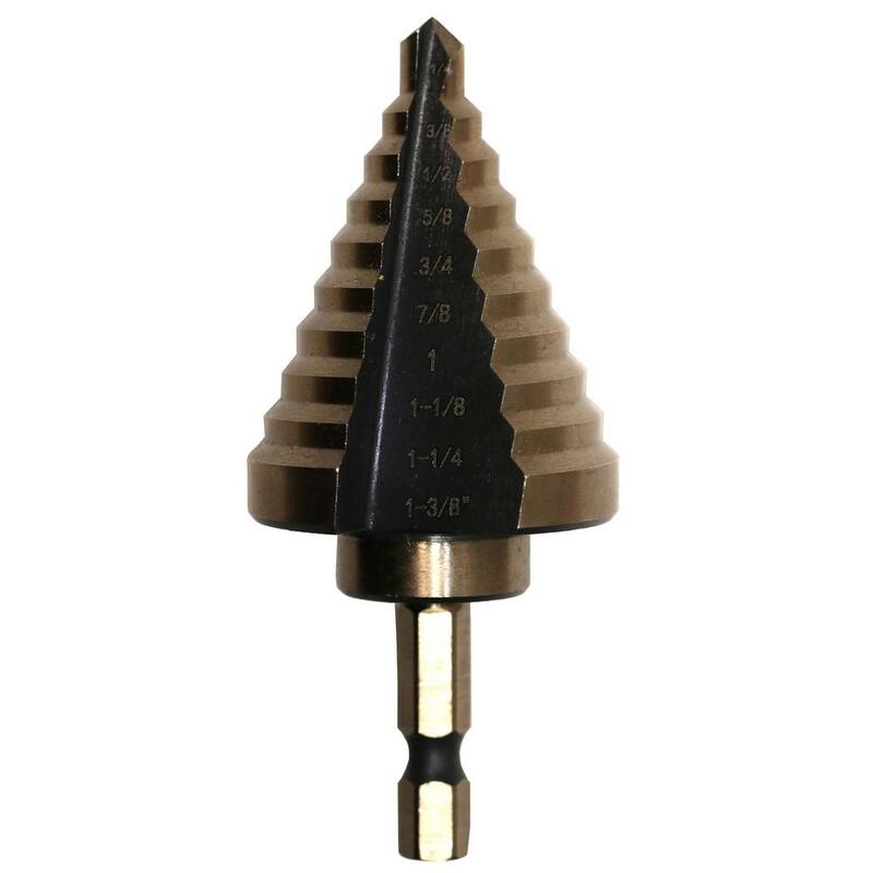 Broca escalonada de acero de alta velocidad negro y dorado de 1/4 pulg. a 1 pulg. a 3/8 pulg. #5 con vástago hexagonal de cambio rápido - STE5HEX