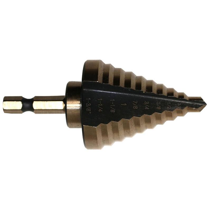 Broca escalonada de acero de alta velocidad negro y dorado de 1/4 pulg. a 1 pulg. a 3/8 pulg. #5 con vástago hexagonal de cambio rápido - STE5HEX