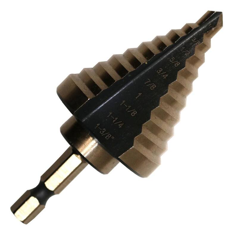 Broca escalonada de acero de alta velocidad negro y dorado de 1/4 pulg. a 1 pulg. a 3/8 pulg. #5 con vástago hexagonal de cambio rápido - STE5HEX