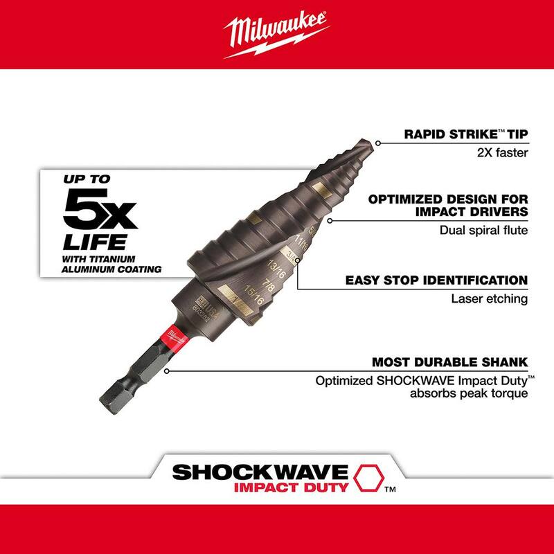 Broca escalonada de titanio con clasificación de impacto Milwaukee SHOCKWAVE de 1/8 a 1 pulgada (9 pasos) - 48-89-9248