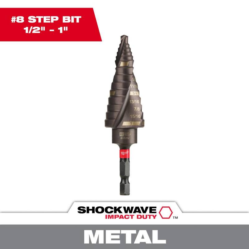 Broca escalonada de titanio con clasificación de impacto Milwaukee SHOCKWAVE de 1/8 a 1 pulgada (9 pasos) - 48-89-9248