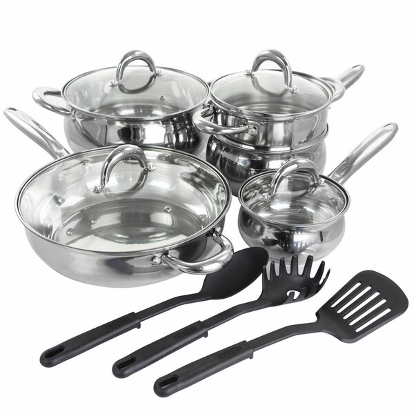 Gibson Home Ancona Stainless Steel Belly Cookware Set with Kitchen Tools - 12 Piece - 128611.12