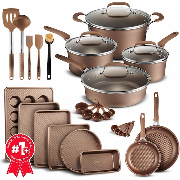 Bakken-Swiss 23-Piece Cookware Set, Gold Pots, Skillets, Bakeware, Reinforced Aluminum, Gas, Electric, Induction - BKCWG23L