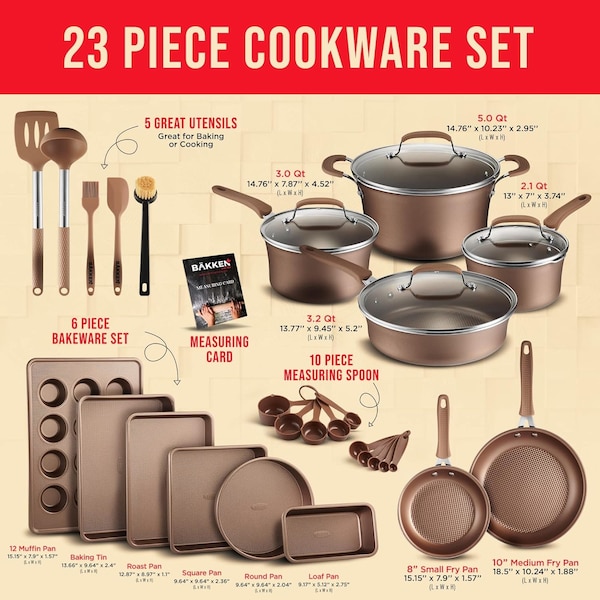 Bakken-Swiss 23-Piece Cookware Set, Gold Pots, Skillets, Bakeware, Reinforced Aluminum, Gas, Electric, Induction - BKCWG23L