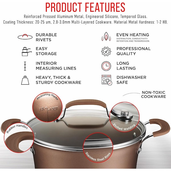 Bakken-Swiss 23-Piece Cookware Set, Gold Pots, Skillets, Bakeware, Reinforced Aluminum, Gas, Electric, Induction - BKCWG23L