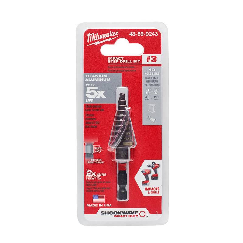 Milwaukee SHOCKWAVE Broca de Paso de Titanio para Trabajo de Impacto de 7/8 pulg. x 1-1/8 pulg. #9 con Broca de Paso de Titanio de 3/16 pulg. a 3/4 pulg. #3 (2 Piezas) - 48-89-9249-48-89-9243