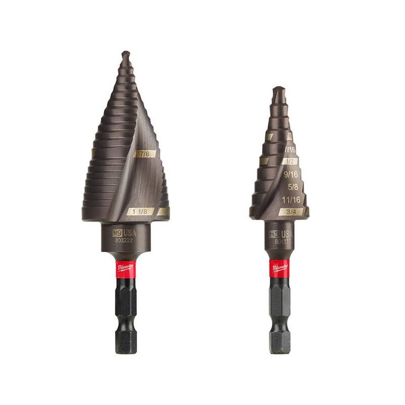 Milwaukee SHOCKWAVE Broca de Paso de Titanio para Trabajo de Impacto de 7/8 pulg. x 1-1/8 pulg. #9 con Broca de Paso de Titanio de 3/16 pulg. a 3/4 pulg. #3 (2 Piezas) - 48-89-9249-48-89-9243