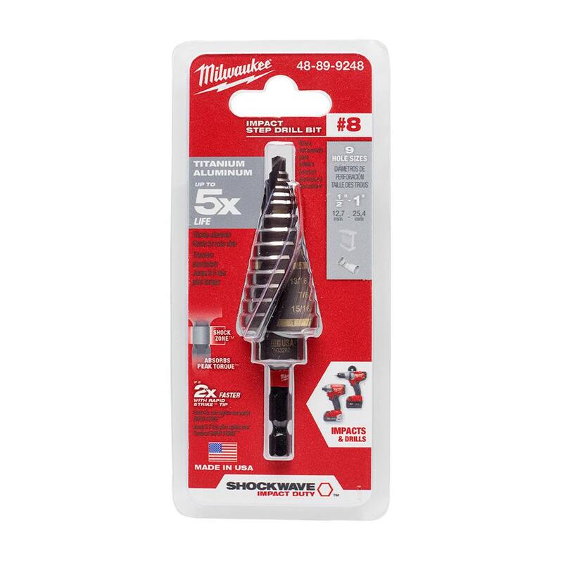 Broca escalonada de titanio de impacto Milwaukee SHOCKWAVE de 7/8 pulg. x 1-1/8 pulg. y broca escalonada de titanio de 1/8 pulg. a 1 pulg. (2 piezas) - 48-89-9249-48-89-9248