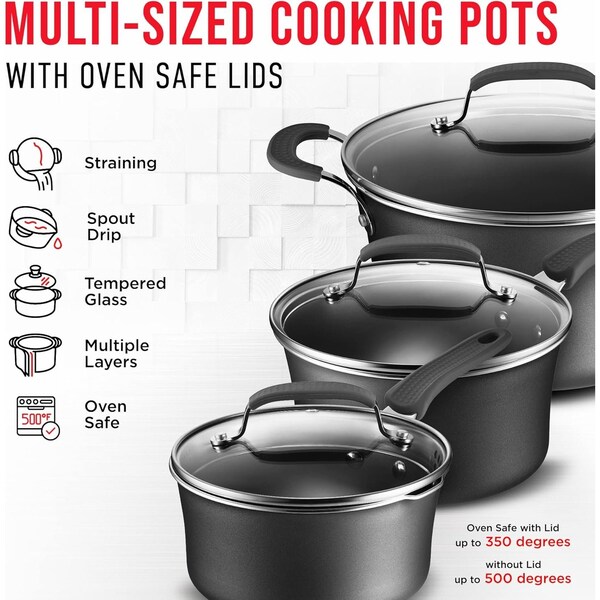 Bakken-Swiss 14-Piece Pots and Pans Set, Non-Stick, with Lids, Skillet Pans, Gas, Electric, Induction, Black - BKCWL14B