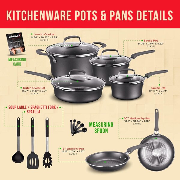Bakken-Swiss 14-Piece Pots and Pans Set, Non-Stick, with Lids, Skillet Pans, Gas, Electric, Induction, Black - BKCWL14B
