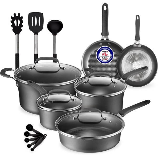 Bakken-Swiss 14-Piece Pots and Pans Set, Non-Stick, with Lids, Skillet Pans, Gas, Electric, Induction, Black - BKCWL14B