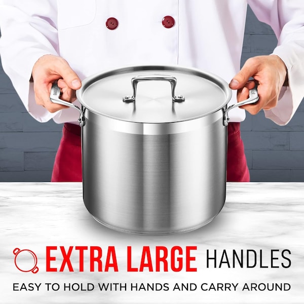 Bakken-Swiss 12QT Stockpot, Brushed Stainless Steel, Induction-Ready, Lid and Riveted Handles, Heavy Duty - BAKSTQ12
