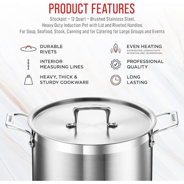Bakken-Swiss 12QT Stockpot, Brushed Stainless Steel, Induction-Ready, Lid and Riveted Handles, Heavy Duty - BAKSTQ12