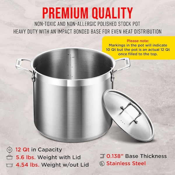 Bakken-Swiss 12QT Stockpot, Brushed Stainless Steel, Induction-Ready, Lid and Riveted Handles, Heavy Duty - BAKSTQ12
