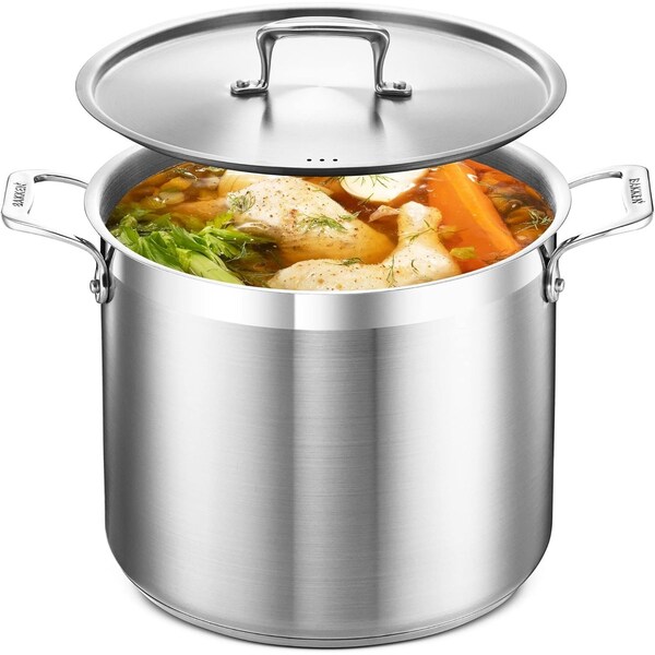 Bakken-Swiss 12QT Stockpot, Brushed Stainless Steel, Induction-Ready, Lid and Riveted Handles, Heavy Duty - BAKSTQ12