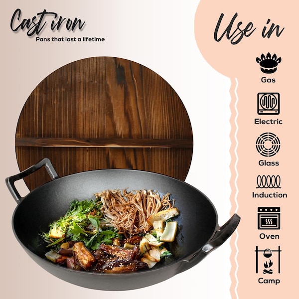 Nutrichef Pre-Seasoned Cooking Wok - Cast Iron Stir Fry Wok With Wooden Lid - NCCIWOK60