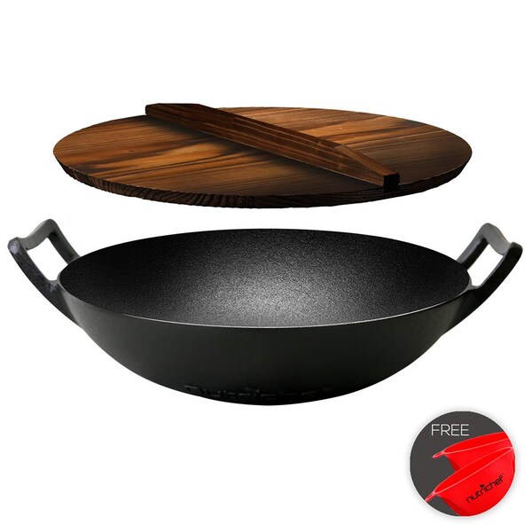 Nutrichef Pre-Seasoned Cooking Wok - Cast Iron Stir Fry Wok With Wooden Lid - NCCIWOK60