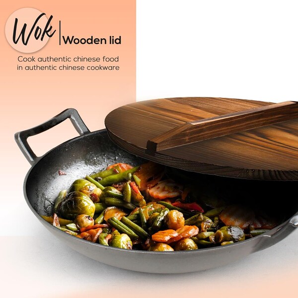 Nutrichef Pre-Seasoned Cooking Wok - Cast Iron Stir Fry Wok With Wooden Lid - NCCIWOK60