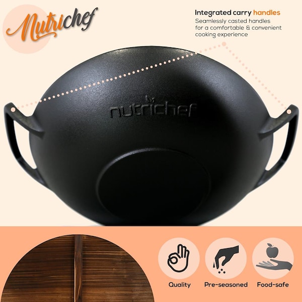 Nutrichef Pre-Seasoned Cooking Wok - Cast Iron Stir Fry Wok With Wooden Lid - NCCIWOK60