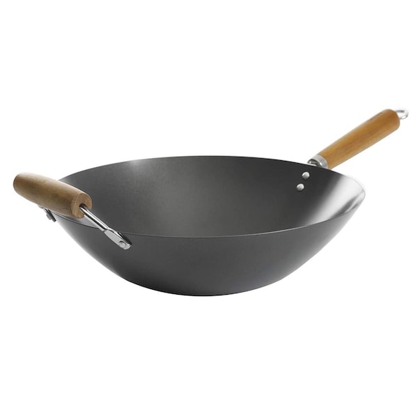 Desorden 14 in. Hammond Flat Bottom Carbon Steel Wok with Wooden Handles, Black - DE3048014