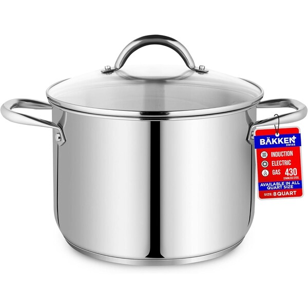 Bakken-Swiss Deluxe 8-Quart Stainless Steel Stockpot with Tempered Glass Lid, Heavy Duty - BKSSQ8