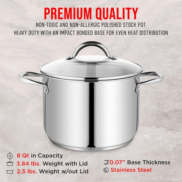 Bakken-Swiss Deluxe 8-Quart Stainless Steel Stockpot with Tempered Glass Lid, Heavy Duty - BKSSQ8