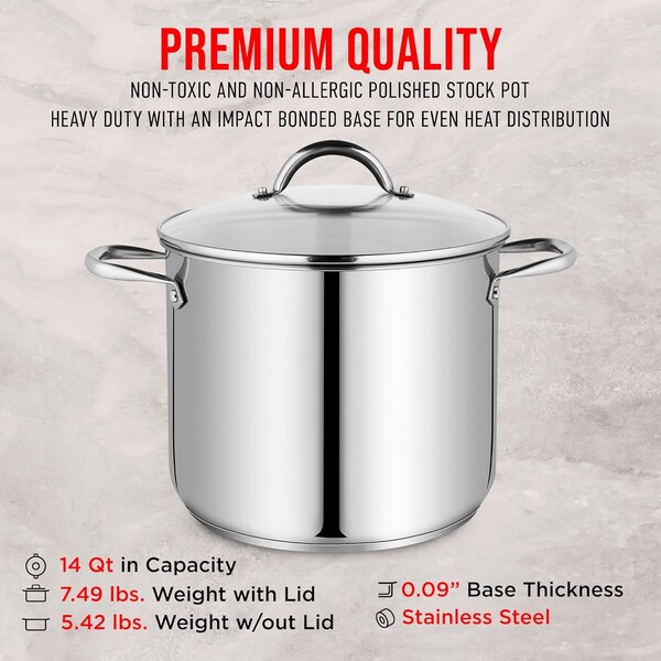 Bakken-Swiss Deluxe 14-Quart Stainless Steel Stockpot with Tempered Glass Lid, Heavy Duty - BKSSQ14