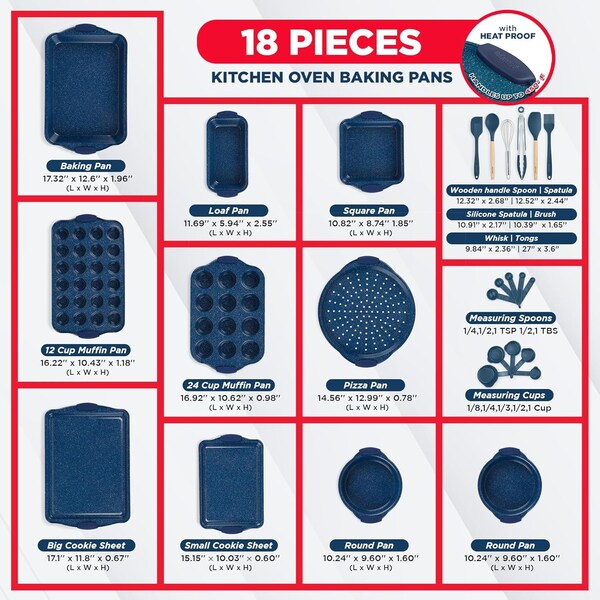 Bakkenamster BAKKEN Kitchen Baking Pan Set, Oven Safe Tray, Up To 450 Deg F, 18PK - BKBSBLUE18