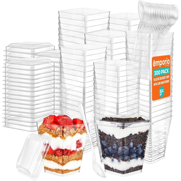 Emporio Kitchen 5oz Plastic Dessert Cups with Lids and Spoons, BPA-Free, Clear, Reusable, 300PK - EMPKDC300