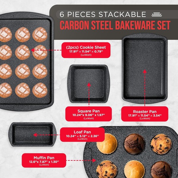 Bakken-Swiss 6-Piece Bakeware Set, Stackable Non-Stick Carbon Steel Pans, Gray Coating for Home - BAKDIEGY