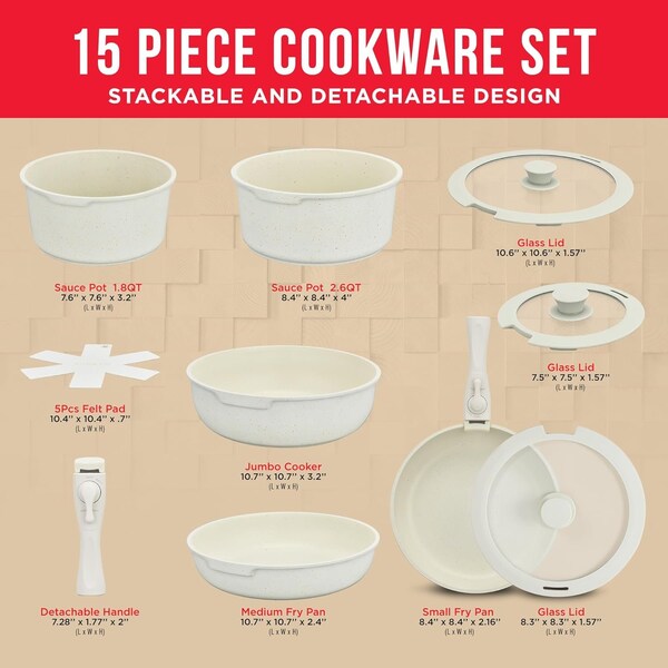 Bakken-Swiss Bakken 15-Piece Non-Stick Cookware Set with Detachable Handles, Stackable, Dishwasher Safe - BKCWSTK15WH