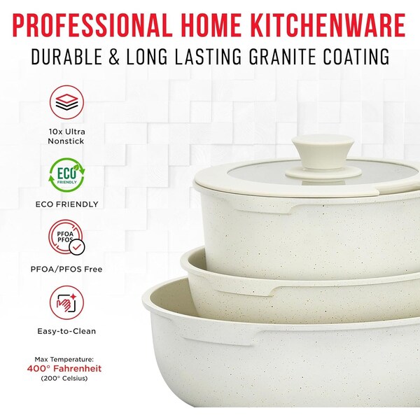 Bakken-Swiss Bakken 15-Piece Non-Stick Cookware Set with Detachable Handles, Stackable, Dishwasher Safe - BKCWSTK15WH