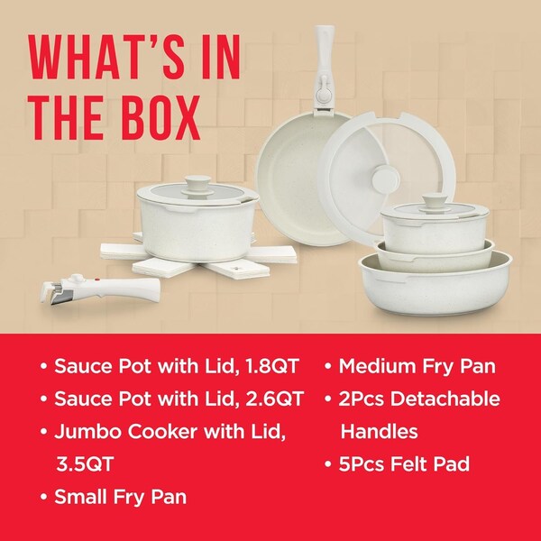 Bakken-Swiss Bakken 15-Piece Non-Stick Cookware Set with Detachable Handles, Stackable, Dishwasher Safe - BKCWSTK15WH
