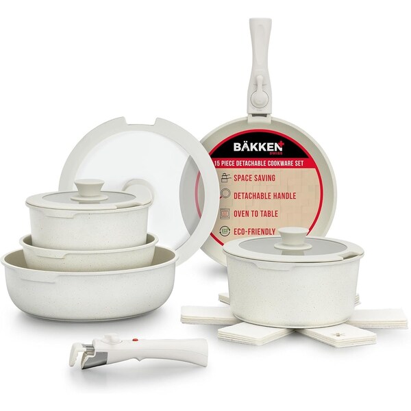Bakken-Swiss Bakken 15-Piece Non-Stick Cookware Set with Detachable Handles, Stackable, Dishwasher Safe - BKCWSTK15WH