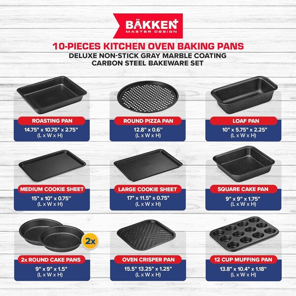 Bakken- Swiss BAKKEN 10-Piece Nonstick Bakeware Set, Carbon Steel, Stackable, PFOA-Free, Oven Safe, 450 DegF - BK10SGRY00