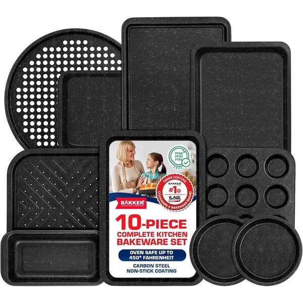 Bakken- Swiss BAKKEN 10-Piece Nonstick Bakeware Set, Carbon Steel, Stackable, PFOA-Free, Oven Safe, 450 DegF - BK10SGRY00