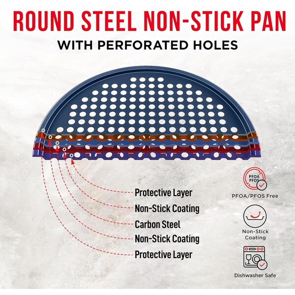 Bakken- Swiss BAKKEN Pizza Pan, Round Perforated, Nonstick Marble Coating, Dishwasher Safe, Blue, 2PK - BAKPIZRB2