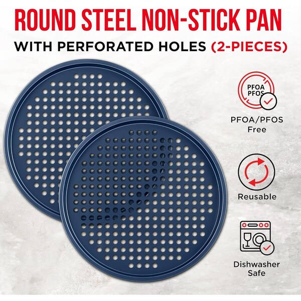 Bakken- Swiss BAKKEN Pizza Pan, Round Perforated, Nonstick Marble Coating, Dishwasher Safe, Blue, 2PK - BAKPIZRB2