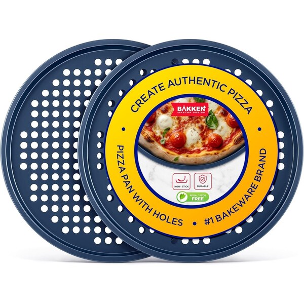 Bakken- Swiss BAKKEN Pizza Pan, Round Perforated, Nonstick Marble Coating, Dishwasher Safe, Blue, 2PK - BAKPIZRB2