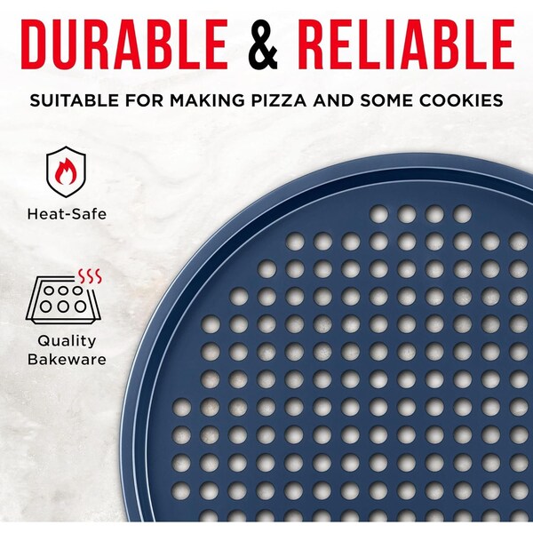 Bakken- Swiss BAKKEN Pizza Pan, Round Perforated, Nonstick Marble Coating, Dishwasher Safe, Blue, 2PK - BAKPIZRB2