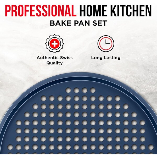 Bakken- Swiss BAKKEN Pizza Pan, Round Perforated, Nonstick Marble Coating, Dishwasher Safe, Blue, 2PK - BAKPIZRB2