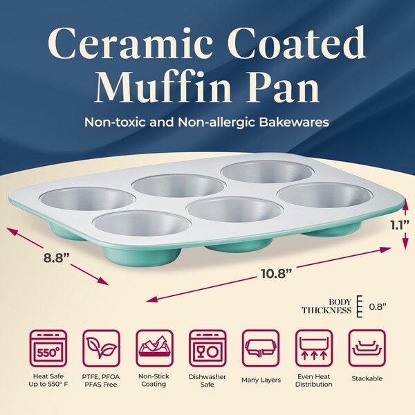 Bakken-Swiss 6-Cup Cake/Muffin Pan Set, Blue, Teal, Marble, Golden, Cream, Aluminized Steel, Non-Toxic - SBKCRSTBKTELMUF