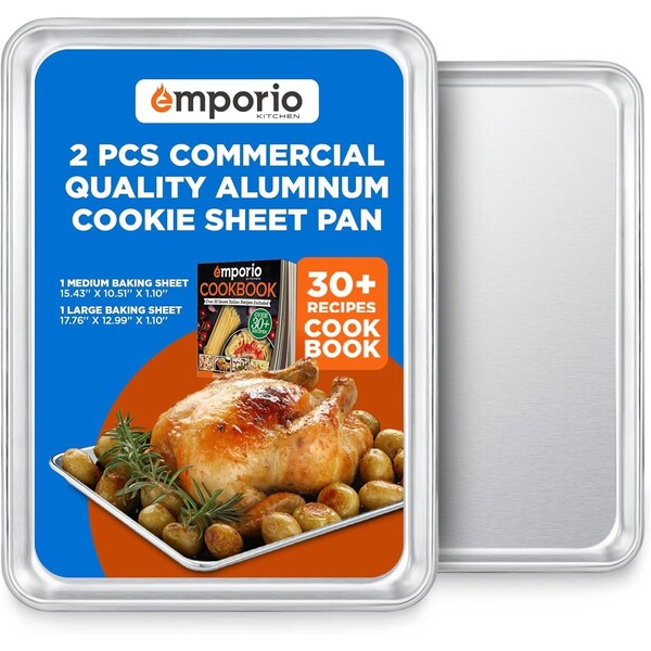 Emporio Kitchen Baking Pan Set, Medium and Large Aluminum Cookie Sheet Pan, 10.5in. x 15in. and 13in. x 18in. - EMPKSST1184