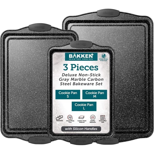 Bakkenmaster BAKKEN Cookie Sheets for Baking Nonstick Set, 3-Piece Stackable Carbon Steel Baking Sheet Pans Set - BKBSGRYMAR3