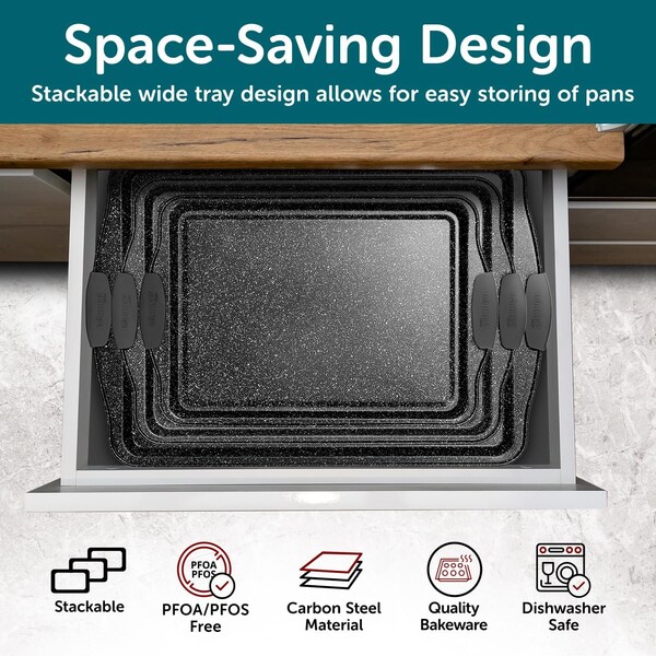 Bakkenmaster BAKKEN Cookie Sheets for Baking Nonstick Set, 3-Piece Stackable Carbon Steel Baking Sheet Pans Set - BKBSGRYMAR3